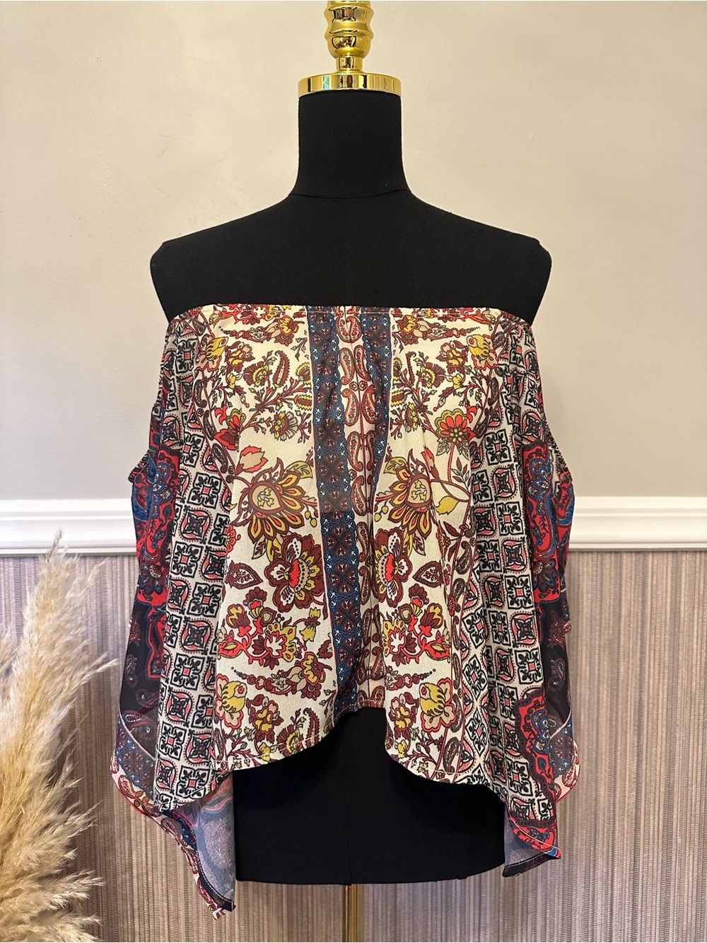 Flying Tomato Boho Paisley Off Shoulder Bell Sleeve Top SMALL